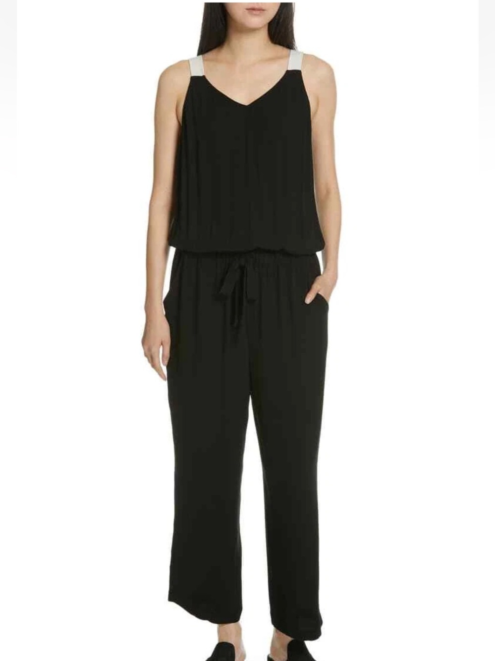Eileen Fisher Silk Georgette Jumpsuit Medium Pockets Drawstring contrast Straps